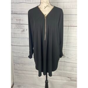 JM Collection Half Zip Blouse Womens XXL Black Roll Tab Long Sleeves Stretch